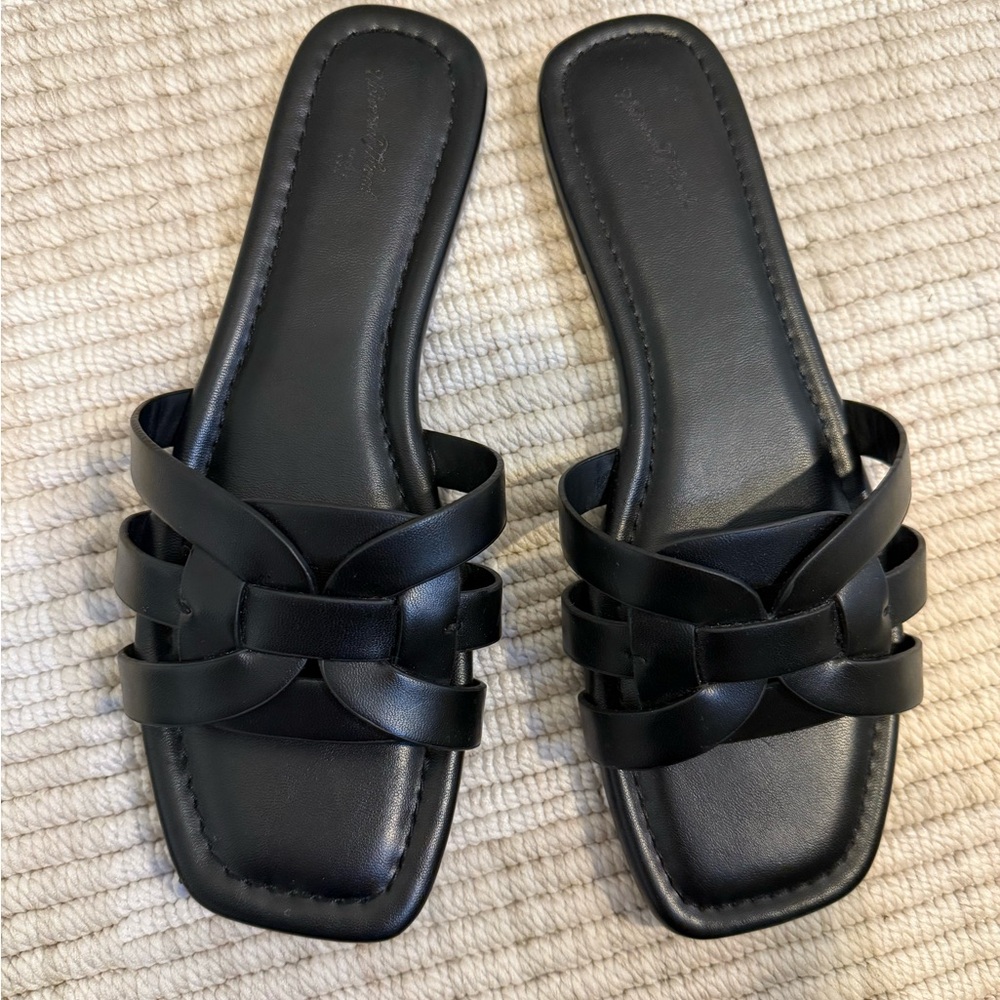 Women's Black Leather Woven Slide Mules Sandals
